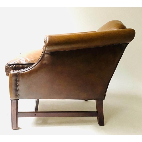 189 - CLUB ARMCHAIR, George III style mahogany, with natural hide leather upholstery and stretchered suppo... 