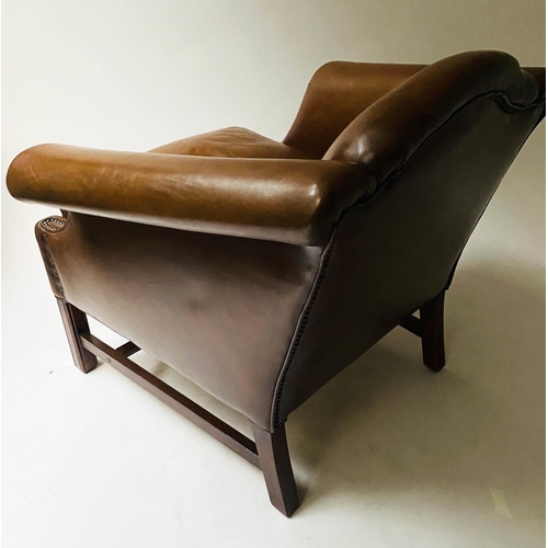 189 - CLUB ARMCHAIR, George III style mahogany, with natural hide leather upholstery and stretchered suppo... 