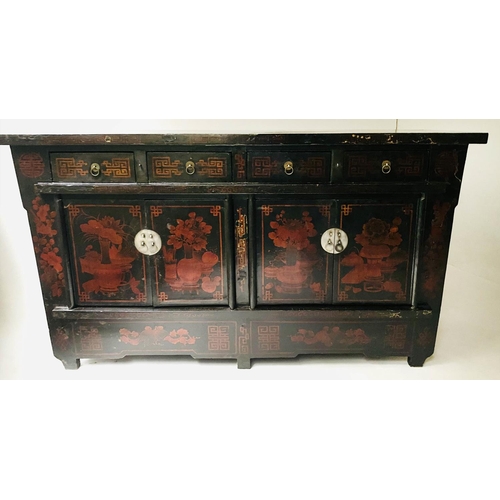 195 - CHINESE SIDE CABINET, early 20th century, lacquered and scarlet paint decoration, with four drawers ... 