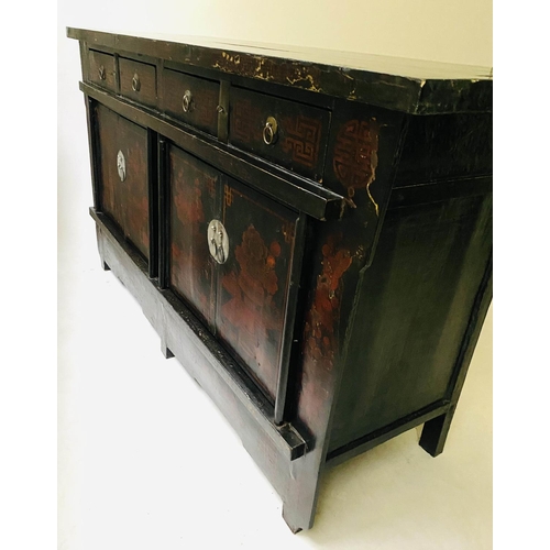195 - CHINESE SIDE CABINET, early 20th century, lacquered and scarlet paint decoration, with four drawers ... 