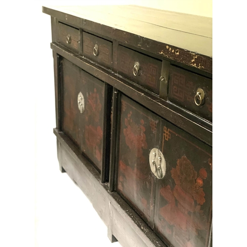 195 - CHINESE SIDE CABINET, early 20th century, lacquered and scarlet paint decoration, with four drawers ... 