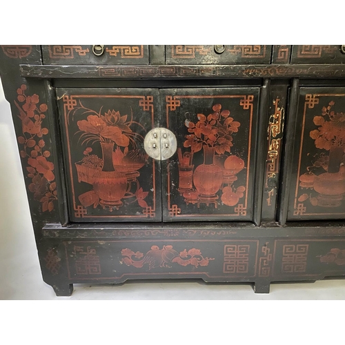 195 - CHINESE SIDE CABINET, early 20th century, lacquered and scarlet paint decoration, with four drawers ... 