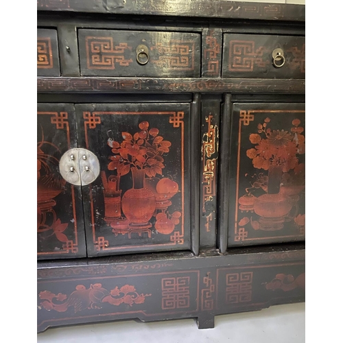 195 - CHINESE SIDE CABINET, early 20th century, lacquered and scarlet paint decoration, with four drawers ... 