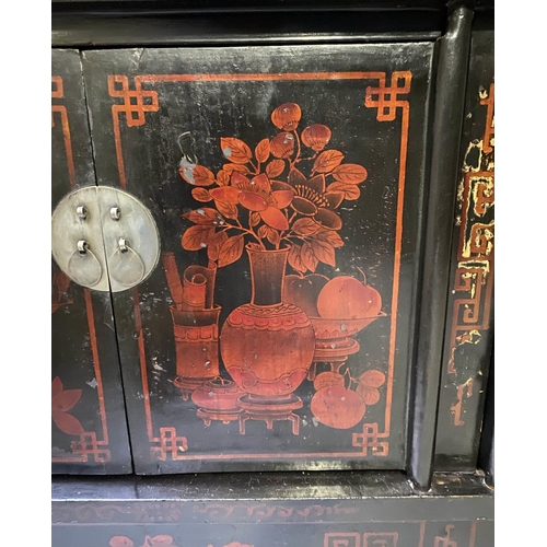 195 - CHINESE SIDE CABINET, early 20th century, lacquered and scarlet paint decoration, with four drawers ... 