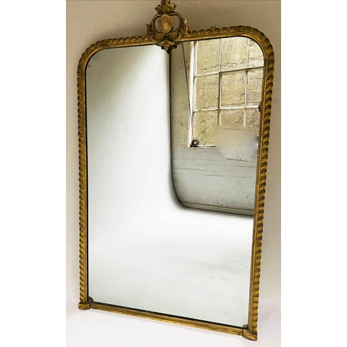 196 - OVERMANTEL MIRROR, 178cm H x 102cm W, Victorian giltwood arched rectangular frame, with shield crest... 