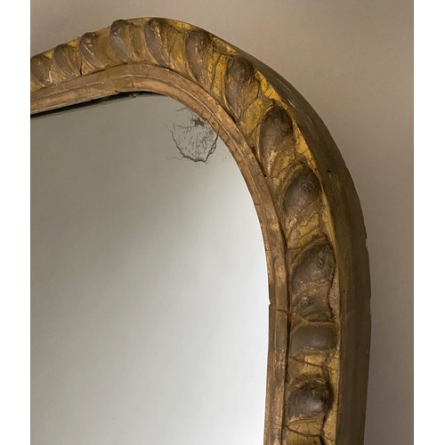 196 - OVERMANTEL MIRROR, 178cm H x 102cm W, Victorian giltwood arched rectangular frame, with shield crest... 