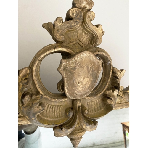 196 - OVERMANTEL MIRROR, 178cm H x 102cm W, Victorian giltwood arched rectangular frame, with shield crest... 