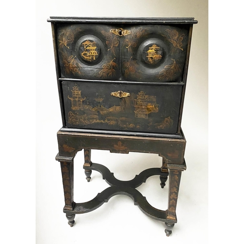 197 - CHEST ON STAND, 61cm W x 46cm D x 110cm H, 17th century lacquered and gilt Chinoserie decorated, wit... 