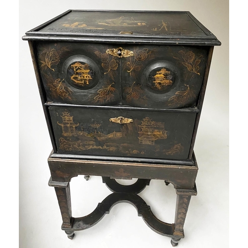 197 - CHEST ON STAND, 61cm W x 46cm D x 110cm H, 17th century lacquered and gilt Chinoserie decorated, wit... 
