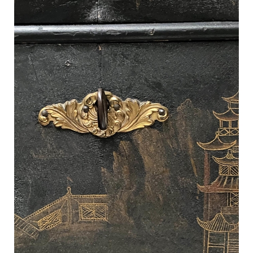 197 - CHEST ON STAND, 61cm W x 46cm D x 110cm H, 17th century lacquered and gilt Chinoserie decorated, wit... 