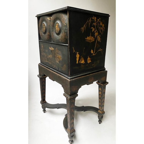 197 - CHEST ON STAND, 61cm W x 46cm D x 110cm H, 17th century lacquered and gilt Chinoserie decorated, wit... 
