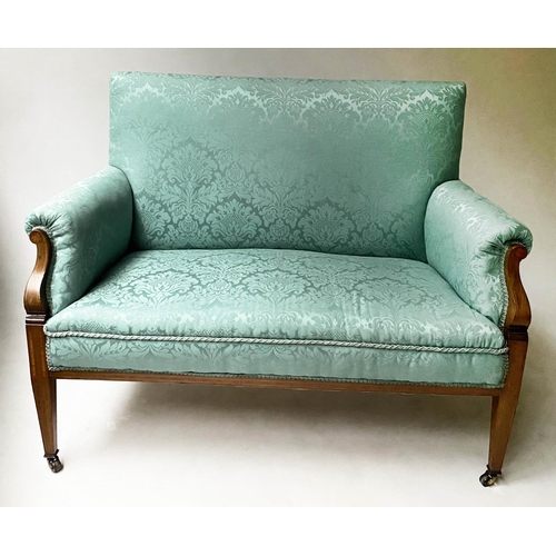 199 - SOFA, 128cm W, Edwardian mahogany and satinwood inlaid, with cord trimmed brocade upholstery.