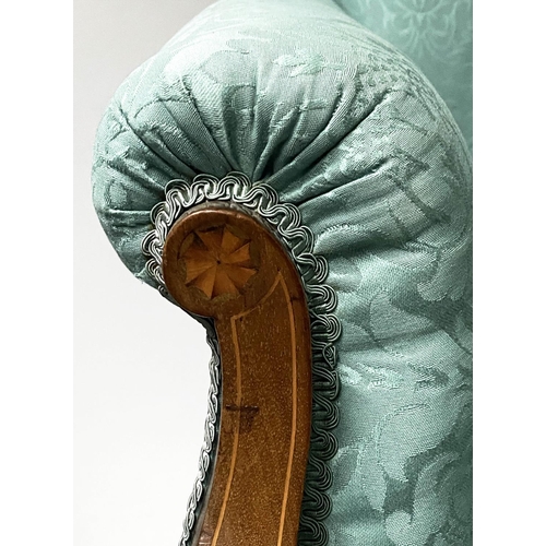 199 - SOFA, 128cm W, Edwardian mahogany and satinwood inlaid, with cord trimmed brocade upholstery.
