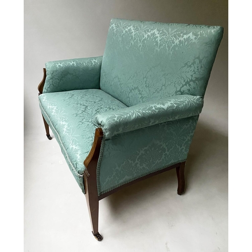 199 - SOFA, 128cm W, Edwardian mahogany and satinwood inlaid, with cord trimmed brocade upholstery.