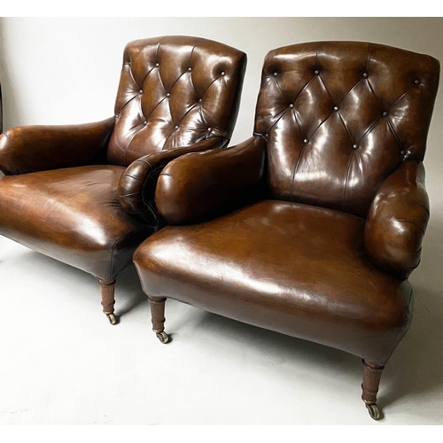 200 - ARMCHAIRS, a pair, 82cm W,  19th century oak, in the Howard manner, with button natural leather and ... 