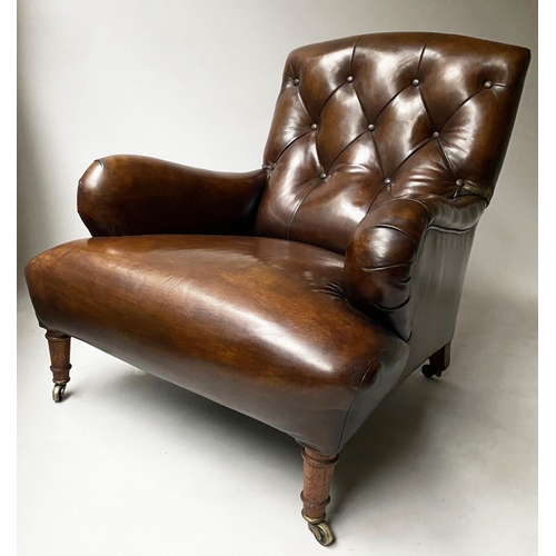 200 - ARMCHAIRS, a pair, 82cm W,  19th century oak, in the Howard manner, with button natural leather and ... 