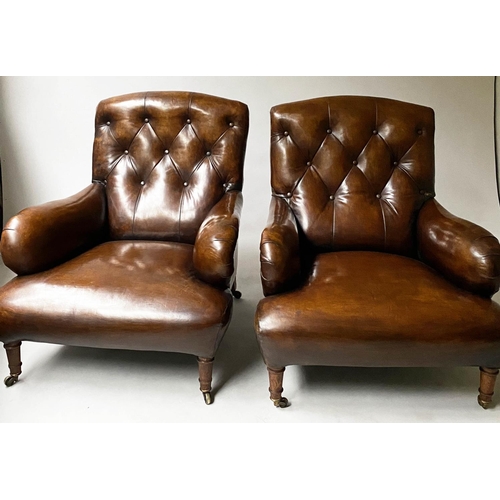 200 - ARMCHAIRS, a pair, 82cm W,  19th century oak, in the Howard manner, with button natural leather and ... 