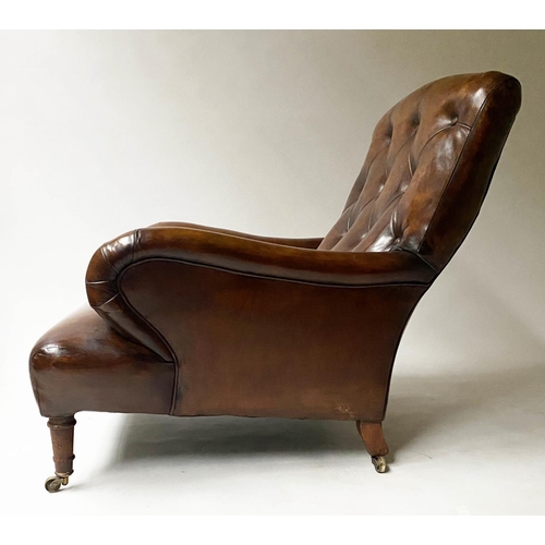 200 - ARMCHAIRS, a pair, 82cm W,  19th century oak, in the Howard manner, with button natural leather and ... 