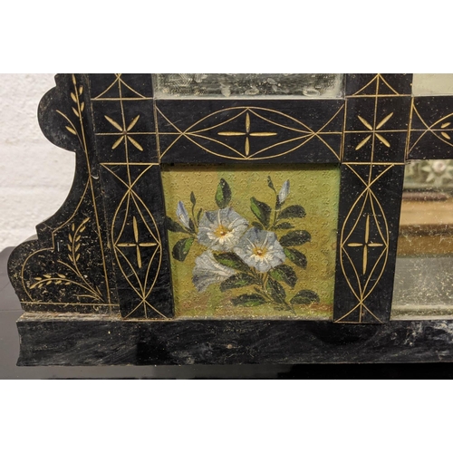 281 - AESTHETIC OVERMANTEL, 149cm W x 181cm H, Victorian ebonised with bird and floral decoration.