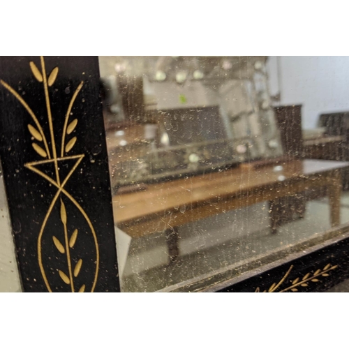 281 - AESTHETIC OVERMANTEL, 149cm W x 181cm H, Victorian ebonised with bird and floral decoration.