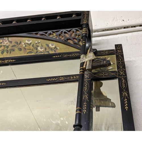 281 - AESTHETIC OVERMANTEL, 149cm W x 181cm H, Victorian ebonised with bird and floral decoration.