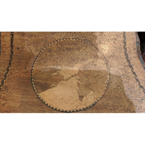 287 - HALL CHAIRS, a set of four, 19th century Swiss walnut with carved backs and marquetry detail. (4)