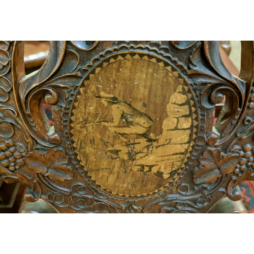 287 - HALL CHAIRS, a set of four, 19th century Swiss walnut with carved backs and marquetry detail. (4)