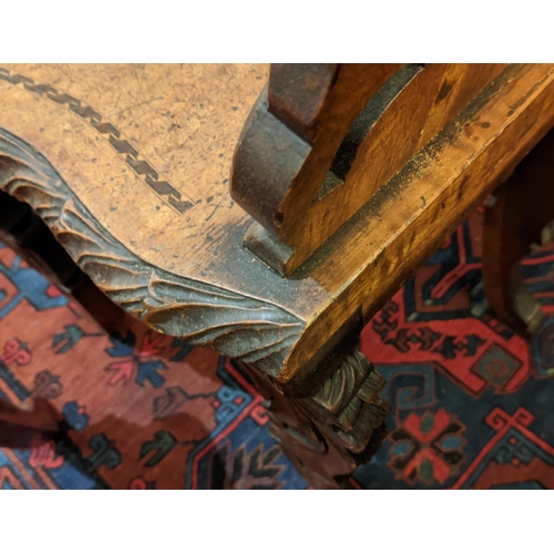 287 - HALL CHAIRS, a set of four, 19th century Swiss walnut with carved backs and marquetry detail. (4)