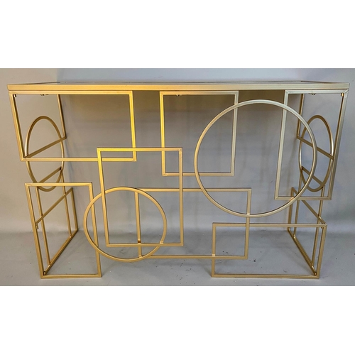 554 - CONSOLE TABLE, 1950's Italian style, gilt metal, mirror top, 81cm x 120cm x 41cm.