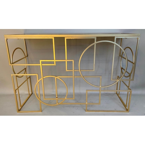 554 - CONSOLE TABLE, 1950's Italian style, gilt metal, mirror top, 81cm x 120cm x 41cm.