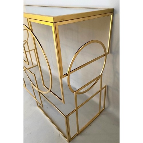 554 - CONSOLE TABLE, 1950's Italian style, gilt metal, mirror top, 81cm x 120cm x 41cm.