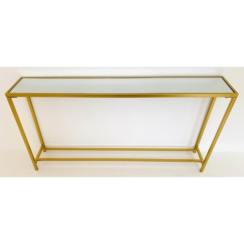 565 - CONSOLE TABLE, gilt metal mirrored inserted top, 79cm x 152cm x 25cm.