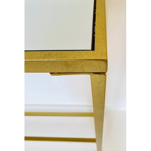 565 - CONSOLE TABLE, gilt metal mirrored inserted top, 79cm x 152cm x 25cm.