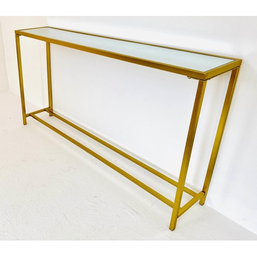565 - CONSOLE TABLE, gilt metal mirrored inserted top, 79cm x 152cm x 25cm.