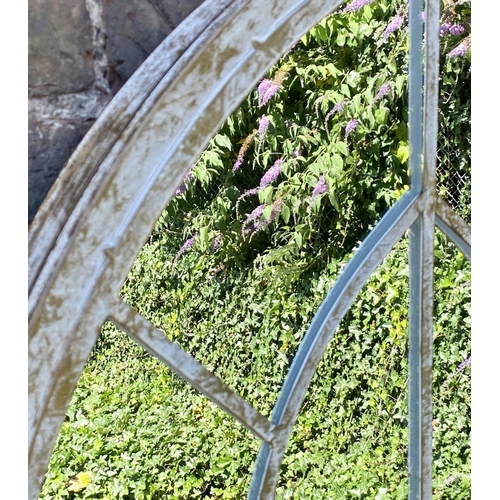 574 - ARCHITECTURAL GARDEN MIRRORS, three, distressed metal frames, 159cm x 67cm. (3)