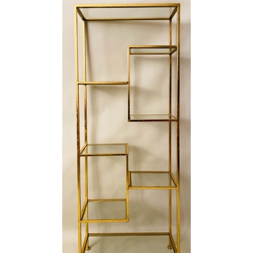 515 - DISPLAY SHELVES, 164cm x 61cm x 25cm, 1960's French style, gilt metal and glass.