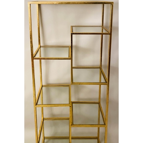 515 - DISPLAY SHELVES, 164cm x 61cm x 25cm, 1960's French style, gilt metal and glass.