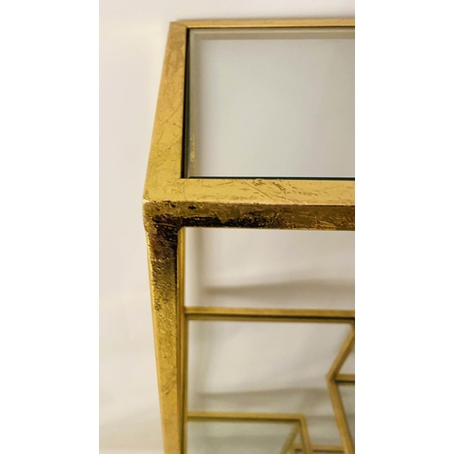 515 - DISPLAY SHELVES, 164cm x 61cm x 25cm, 1960's French style, gilt metal and glass.