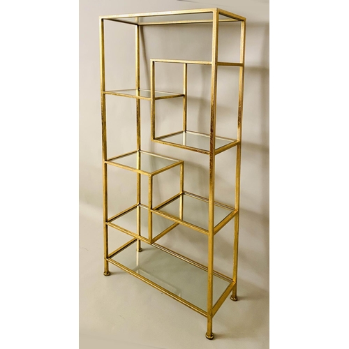 515 - DISPLAY SHELVES, 164cm x 61cm x 25cm, 1960's French style, gilt metal and glass.