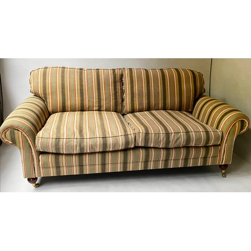190 - SOFA, 212cm W, traditional three seater, with scroll arms and turned supports.