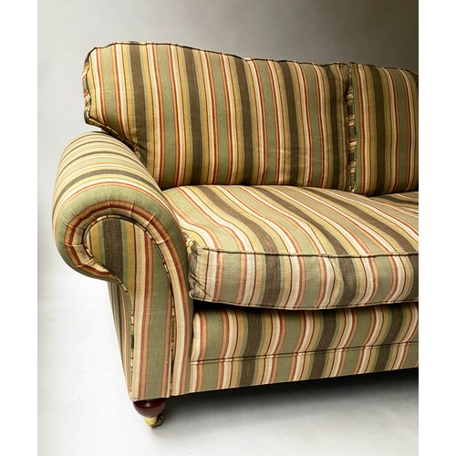 190 - SOFA, 212cm W, traditional three seater, with scroll arms and turned supports.