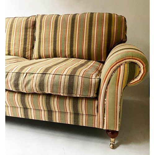 190 - SOFA, 212cm W, traditional three seater, with scroll arms and turned supports.