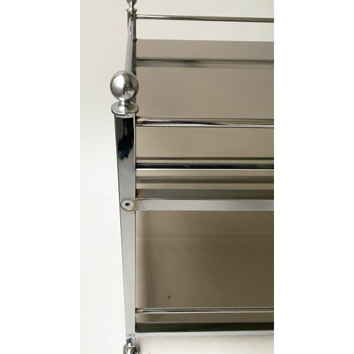 364 - DRINKS TROLLEY, 1970's chromed with two smoked glass tiers, handles and castors, 87cm x 48cm x 65cm ... 