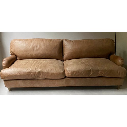 367 - LOAF JONESY SOFA, tan leather with aged oak supports, 215cm W.