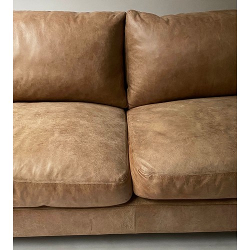 367 - LOAF JONESY SOFA, tan leather with aged oak supports, 215cm W.