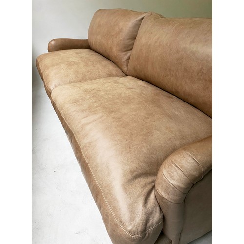 367 - LOAF JONESY SOFA, tan leather with aged oak supports, 215cm W.