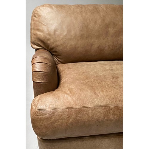 367 - LOAF JONESY SOFA, tan leather with aged oak supports, 215cm W.