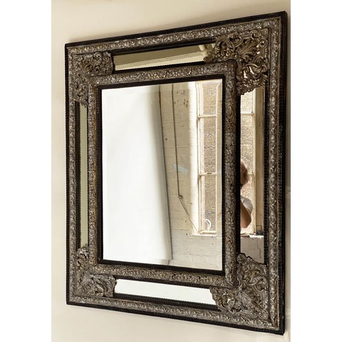193 - WALL MIRROR, 111cm H x 95cm W, 19th century Dutch, cushion form, repoussé silvered metal, with bevel... 