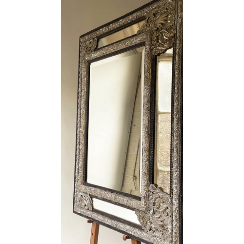 193 - WALL MIRROR, 111cm H x 95cm W, 19th century Dutch, cushion form, repoussé silvered metal, with bevel... 