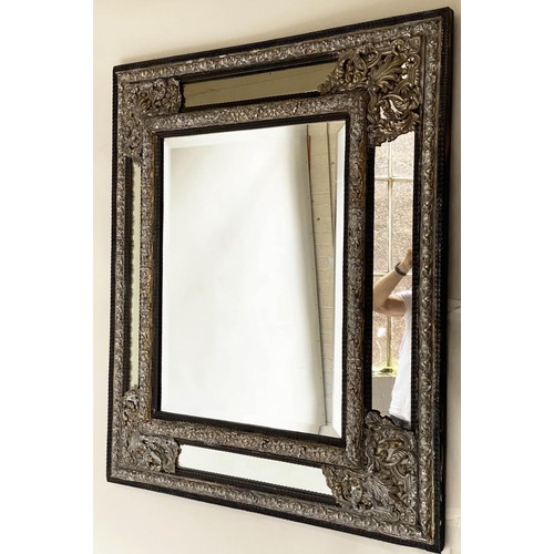 193 - WALL MIRROR, 111cm H x 95cm W, 19th century Dutch, cushion form, repoussé silvered metal, with bevel... 